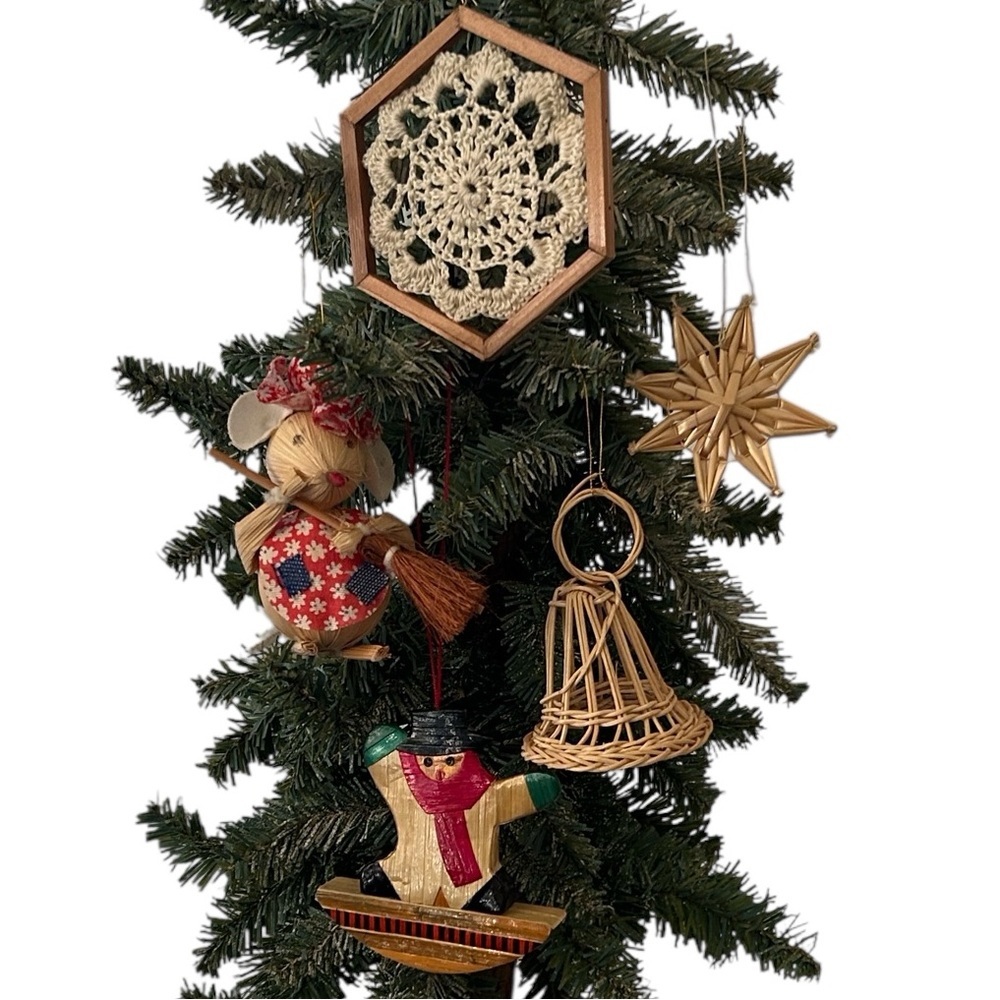 Set of 5 Straw and Wood Christmas Ornaments Vintage